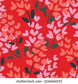 Dense floral crush garden with heart flowers. Lovely pattern in coral, pink and green on red background. Great for home decor, fabric, wallpaper, gift-wrap, stationery, and design projects.
