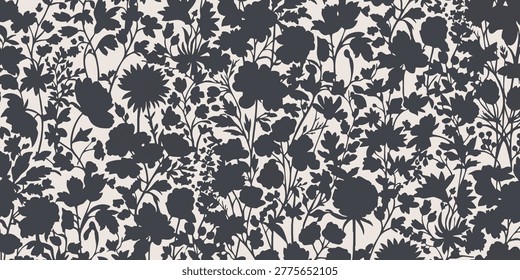 A dense floral pattern featuring various flowers and leaves on a cream background.