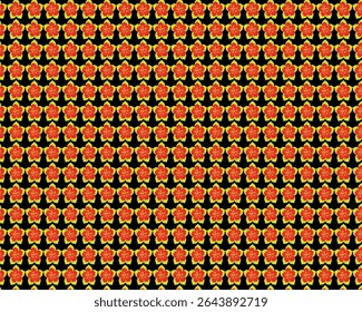 Dense Floral Pattern with Red Flowers, Yellow Leaves, and a Black Background
