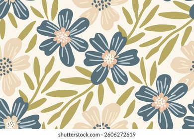 Dense floral repeat pattern with soft blue and peach. Design illustration for decoration, wall decor, wallpaper, cover, banner.