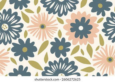 Dense floral repeat pattern with soft blue and peach. Design illustration for decoration, wall decor, wallpaper, cover, banner.