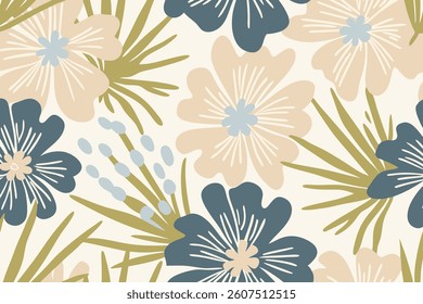 Dense floral repeat pattern with soft blue and peach. Design illustration for decoration, wall decor, wallpaper, cover, banner.