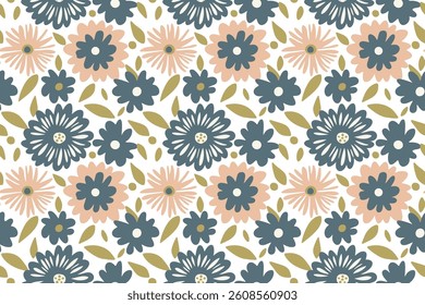 Dense floral repeat pattern with soft blue and peach. Design illustration for decoration, wall decor, wallpaper, cover, banner.