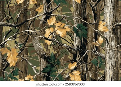 Dense forest camo design with earthy tones and natural elements, like Realtree