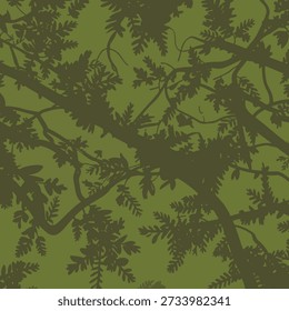 Dense forest camouflage seamless vector illustration with oak and maple foliage, flat colors, print ready, 300 dpi.