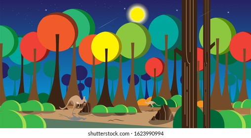 Dense forest conditions. Moonlight illuminates the grove of trees. Some kangoro are still awake and looking for food