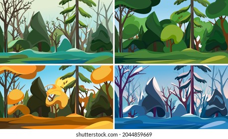 Dense Forest In Different Seasons. Beautiful Natural Sceneries.