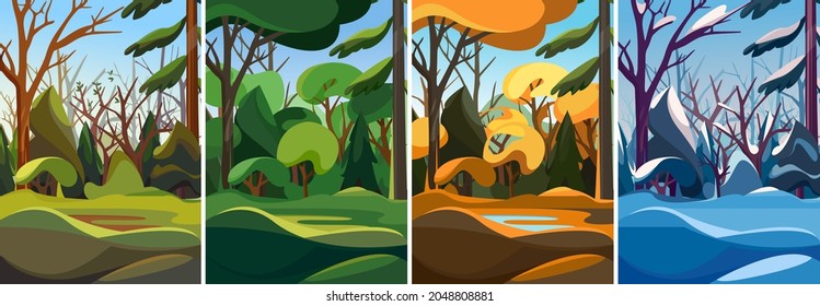 Bosque denso en diferentes momentos del año. Escenarios naturales en orientación vertical.