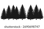 A dense forest of evergreen pine trees shown in a striking black silhouette against a white background