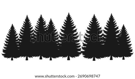 A dense forest of evergreen pine trees shown in a striking black silhouette against a white background