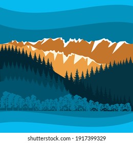 Bosque denso al pie de las montañas. Paisaje. Ilustración vectorial.