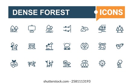 Dense Forest icon collection. It contains symbols to monkey, ant, panther, forest, art, wild, web and more. Flat UI icon design. Solid line editable stroke.