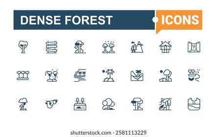 Dense Forest icon collection. It contains symbols to monkey, ant, panther, forest, art, wild, web and more. Flat UI icon design. Solid line editable stroke.