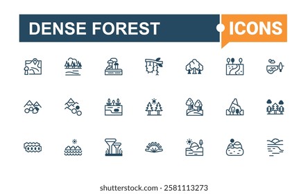 Dense Forest icon collection. It contains symbols to monkey, ant, panther, forest, art, wild, web and more. Flat UI icon design. Solid line editable stroke.