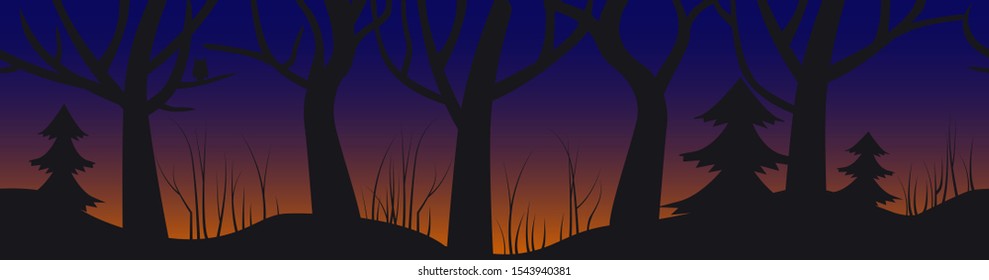 Dense forest. Panoramic vector seamless background with dense forest. Black tree outlines in flat style on wide seamless background