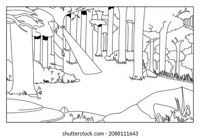 Dense forest with a ray of sun light coming out from the trees. Sketch black lines vector black and white illustration.
