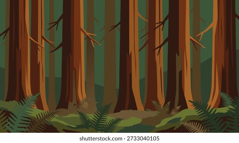 A dense forest scene with towering trees and lush green ferns covering the ground.