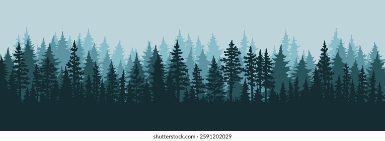 A dense forest of tall evergreen trees stretches across the horizon under a soft blue sky. The trees create a serene ambiance perfect for outdoor enthusiasts and nature lovers.