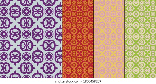 Dense geometric pattern in vector format, two-color, can be used as a print for textiles, color options: Pale Lilac and Lime Green, Royal Purple and Ice Flow, Inca Gold and Scarlet Sage , Pink and Cre