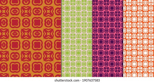 Dense geometric pattern in vector format, two-color, can be used as a print for textiles, color options: Inca Gold and Scarlet Sage , Pale Lilac and Lime Green, Rose Pink and Purple, Orange and White