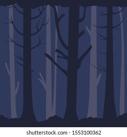 Dense gloomy forest. Old bare trees in the dark. Vector editable background
