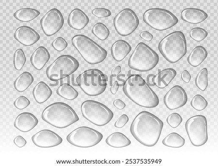Dense glossy water drops on transparent background