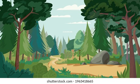 Dense green forest view, banner in flat cartoon design. Scenery with different types of trees, bushes and plants, path. Wildlife panoramic woodland landscape. Vector illustration of web background