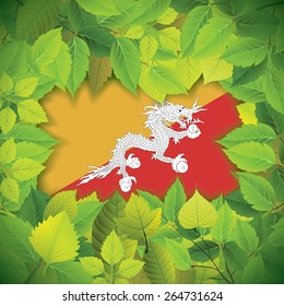 Dense, green leaves over the flag of Bhutan