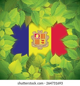 Dense, green leaves over the flag of Andorra