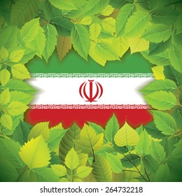 Dense, green leaves over the flag of Iran