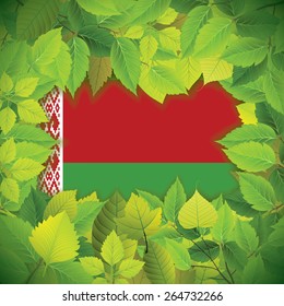 Dense, green leaves over the flag of Belarus