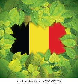 Dense, green leaves over the flag of Belgium
