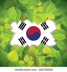 Dense, green leaves over the flag of South Korea