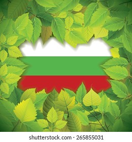 Dense, green leaves over the flag of Bulgaria