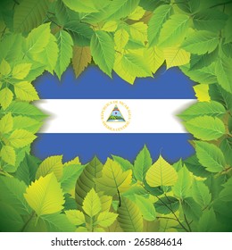 Dense, green leaves over the flag of Nicaragua