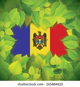 Dense, green leaves over the flag of Moldova