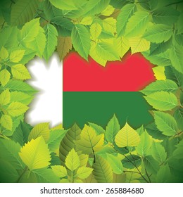 Dense, green leaves over the flag of Madagascar