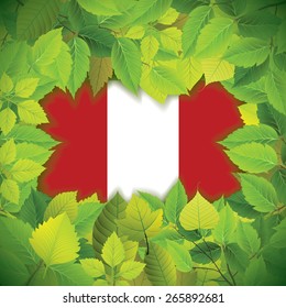 Dense, green leaves over the flag of Peru