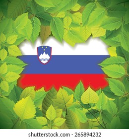 Dense, green leaves over the flag of Slovenia