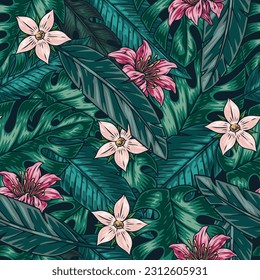 Dense green thickets seamless pattern with jungle tree leaves and flowers growing in spring forests of tropical islands vector illustration