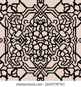 Ornamento abstrato islâmico denso com formas lineares pretas complexas e caminhos de interseção em fundo bege macio. Design decorativo arabesco com detalhes simétricos intrincados.
