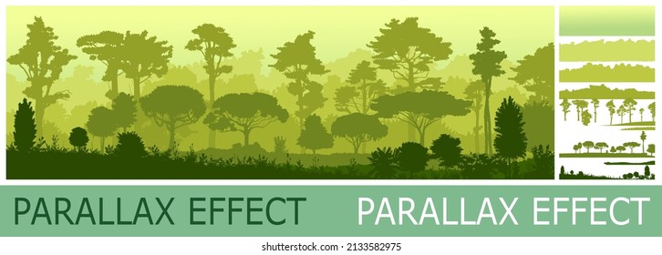 Dense jungle forest in morning mist. Silhouettes of tall trees. Horizontally composition illustration. Solid layers for image folding with parallax effect. Vector