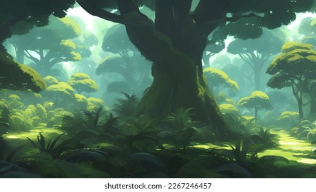 Dense Jungle Rain Forest Scenery Detailed Hand Drawn Painting Illustration