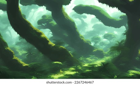 Dense Jungle Rain Forest Scenery Detailed Hand Drawn Painting Illustration