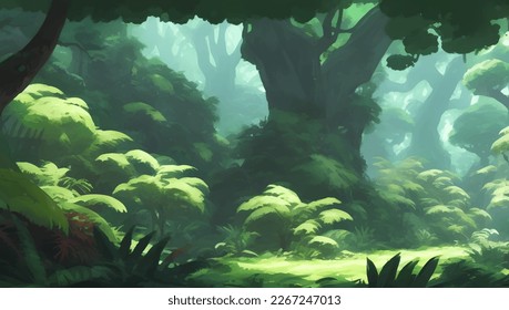 Dense Jungle Rain Forest Scenery Detailed Hand Drawn Painting Illustration