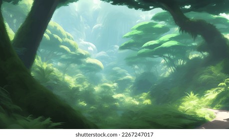 Escenario de bosque de lluvias en la selva de la jungla densa ilustración de pintura dibujada a mano