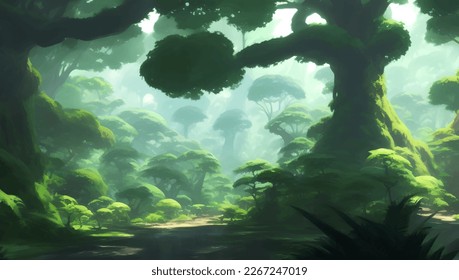 Escenario de bosque de lluvias en la selva de la jungla densa ilustración de pintura dibujada a mano