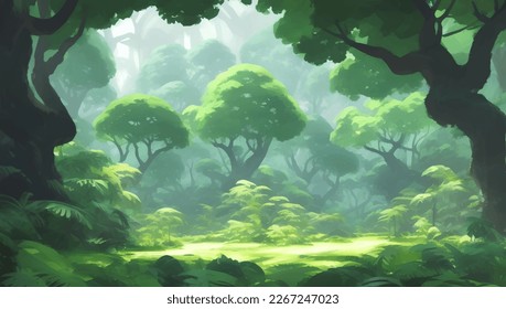 Dense Jungle Rain Forest Scenery Detailed Hand Drawn Painting Illustration
