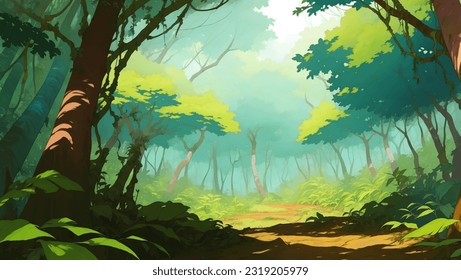 Dense Jungle Rainforest Nature Scenery Detailed Hand Drawn Painting Illustration