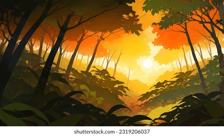 Dense Jungle Rainforest Nature Scenery at Dawn or Dusk Detailed Hand Drawn Painting Illustration